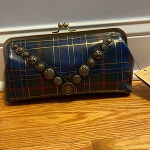 PATRICIA NASH BLUE/GREEN TARTAN LEATHER PLOTENAZ CLUTCH HANDBAG P307176